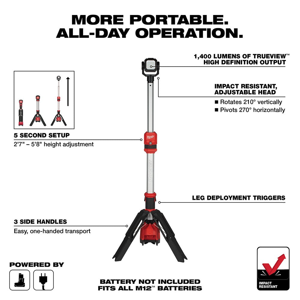 Milwaukee 2132-20 M12 Rocket Dual Power Tower Light, Bare Tool