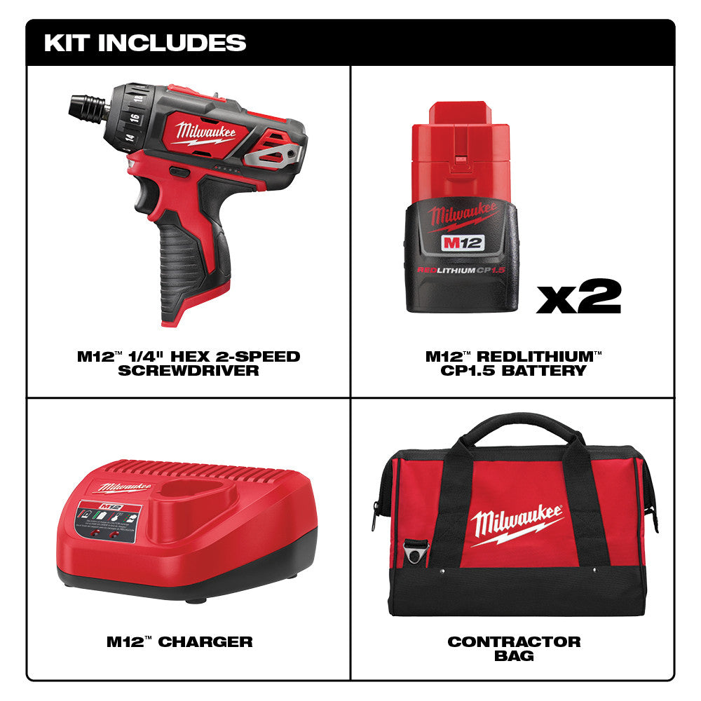 Milwaukee 2406-22 M12 1/4” Hex 2 Speed Screwdriver Kit