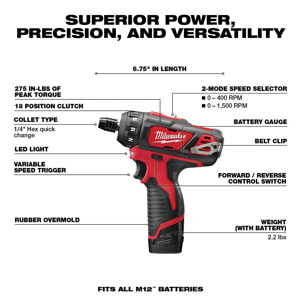 Milwaukee 2406-22 M12 1/4” Hex 2 Speed Screwdriver Kit