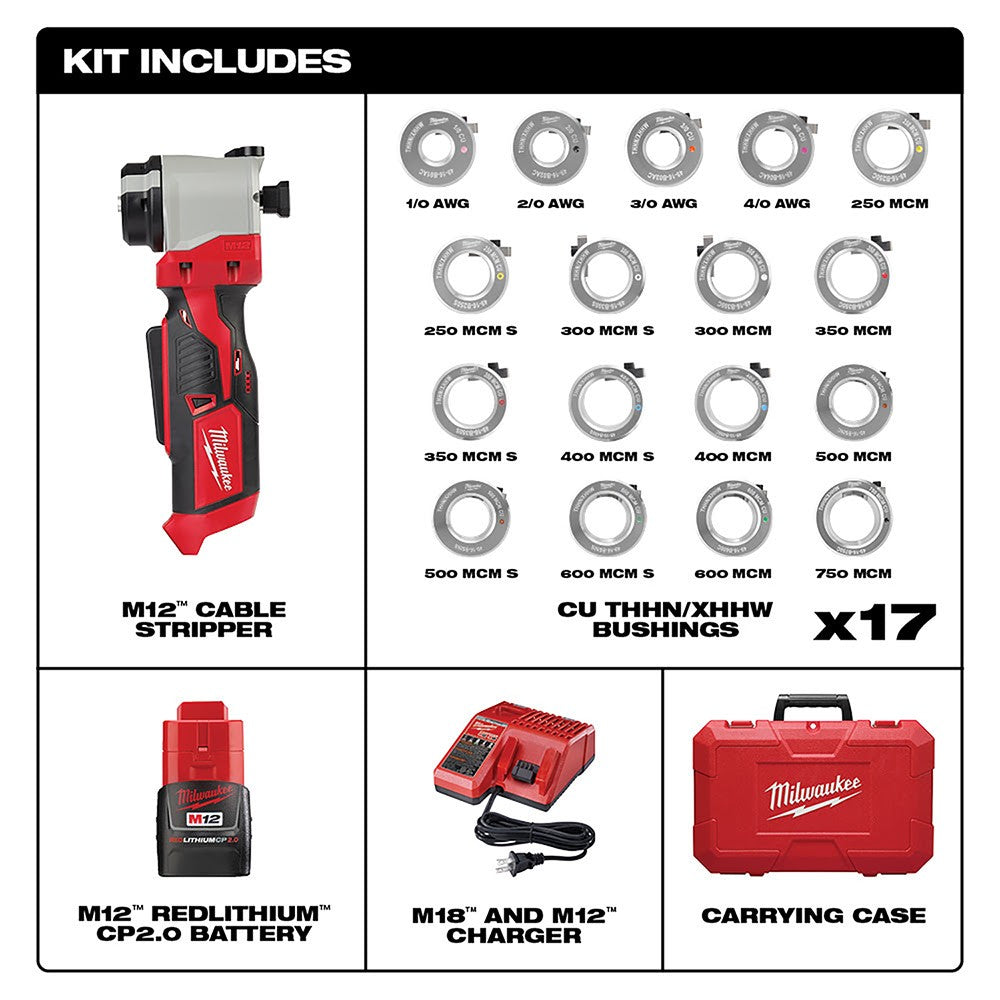 Milwaukee 2435CU-21S M12™ Cable Stripper Kit with 17 Cu THHN / XHHW Bushings