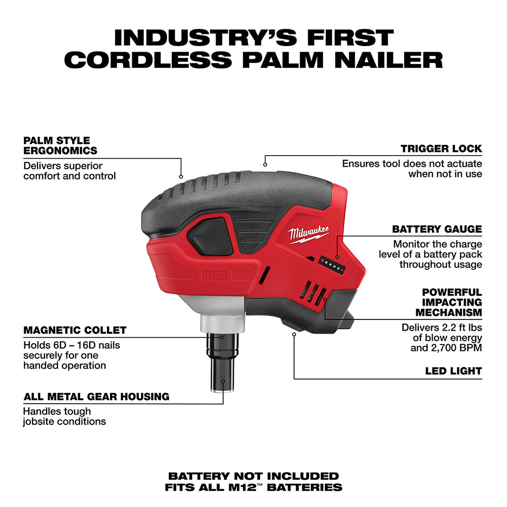 Milwaukee 2458-20 M12™ PALM NAILER TOOL ONLY