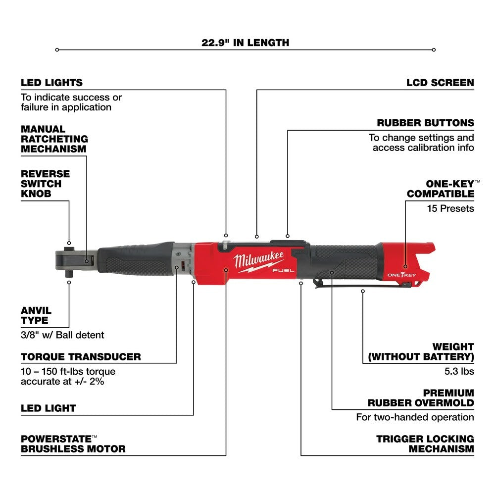 Milwaukee 2465-20 M12 FUEL 3/8 Digital Torque Wrench w/ ONE-KEY Bare Tool
