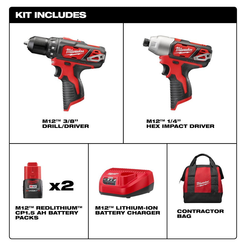 Milwaukee 2494-22 M12 Cordless Combo Drill Kit, 2 Battery
