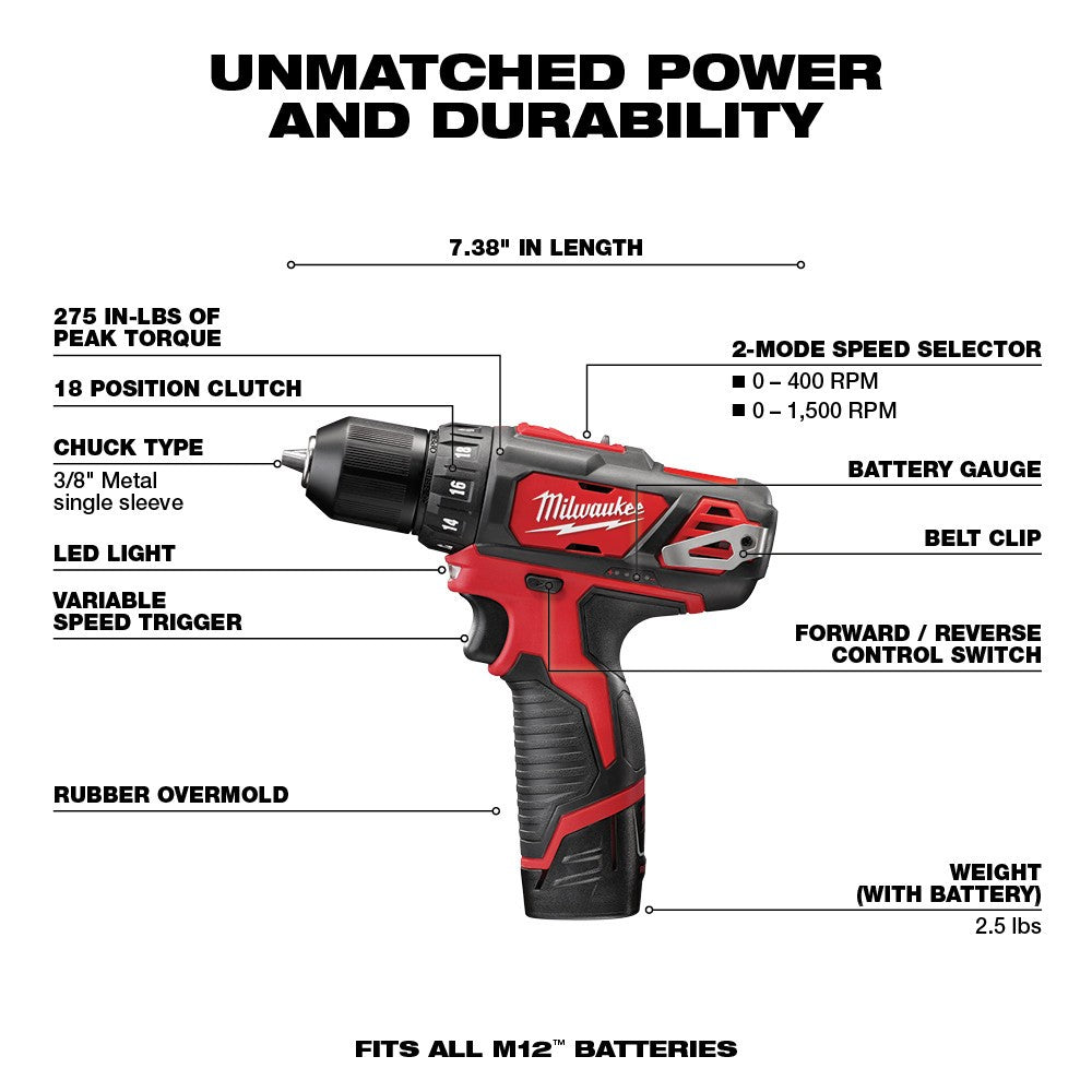 Milwaukee 2494-22 M12 Cordless Combo Drill Kit, 2 Battery