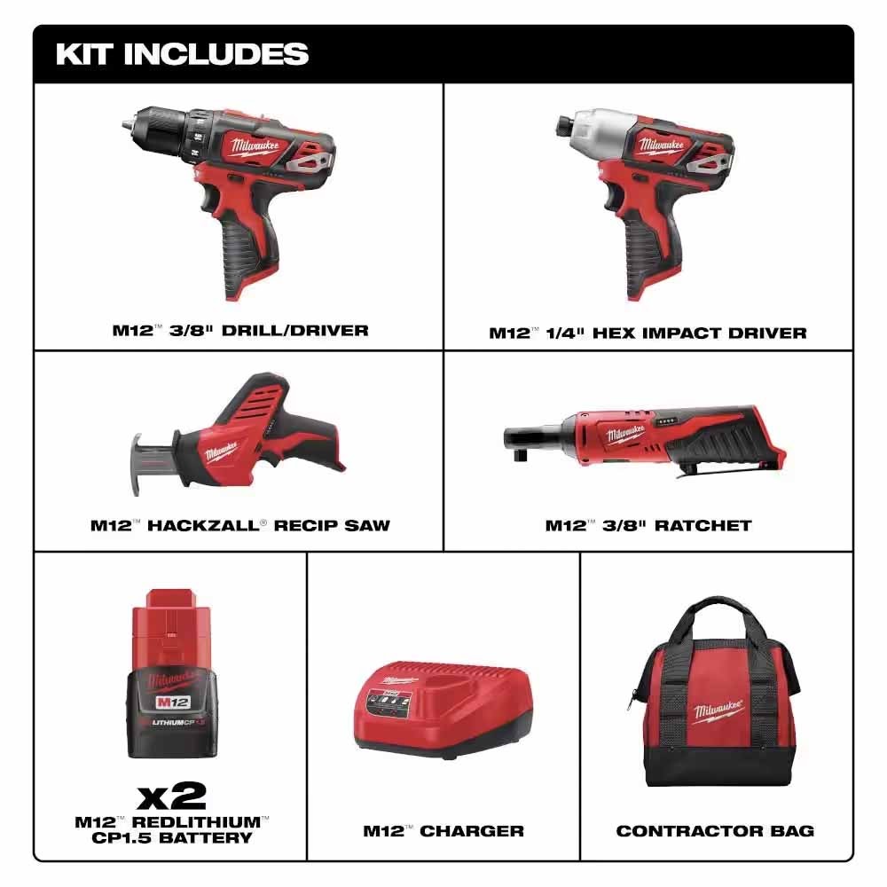 Milwaukee 2497-24B M12 12V Lithium-Ion Cordless Combo Kit (4-Tool) w/(2) 1.5Ah Batteries, (1) Charger, (1) Tool Bag