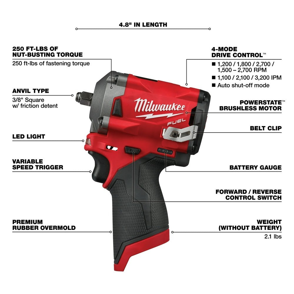 Milwaukee 2554-20 M12 FUEL Stubby 3/8 Impact Wrench, Bare