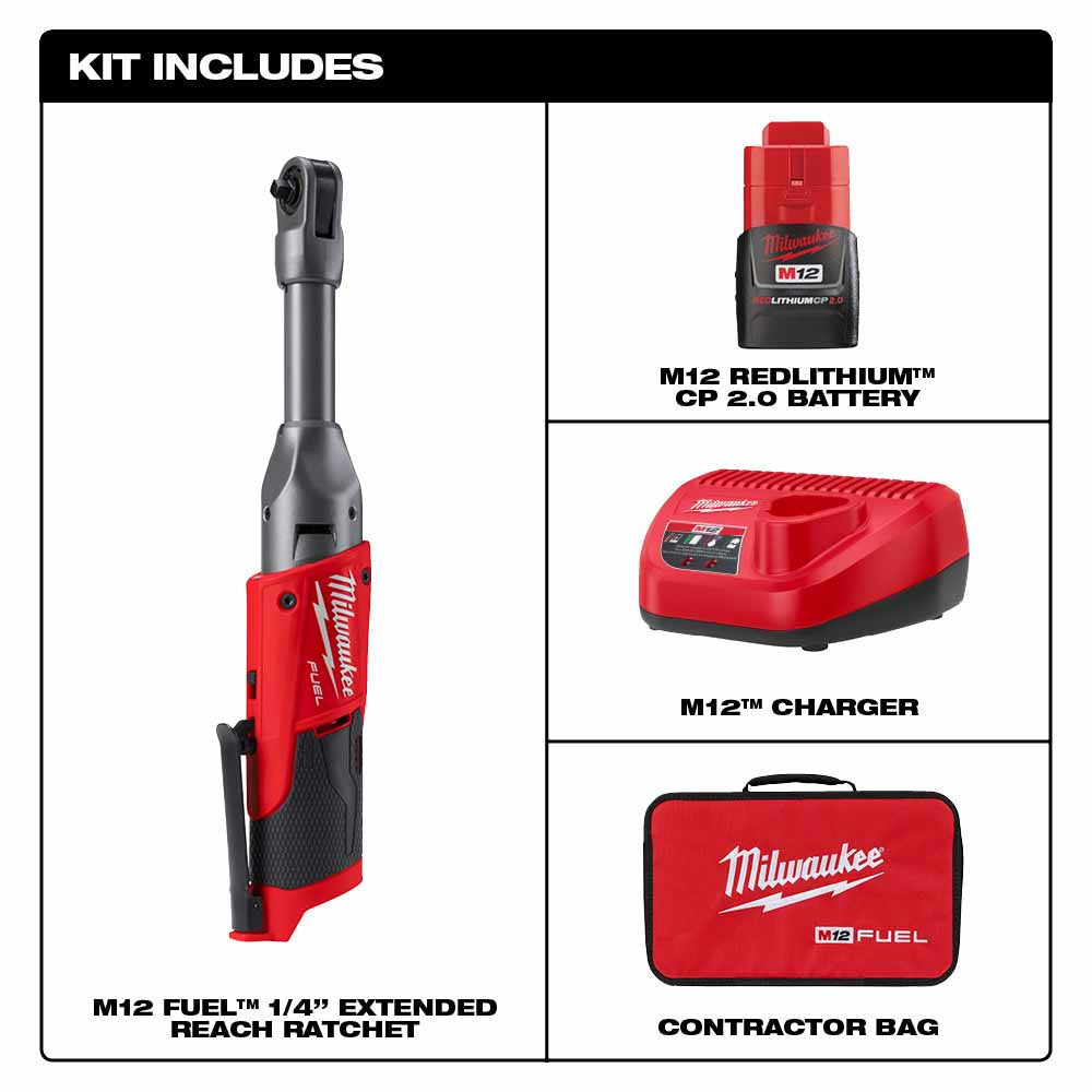 Milwaukee 2559-21 M12 FUEL 1/4 Extended Reach Ratchet 1 Battery Kit