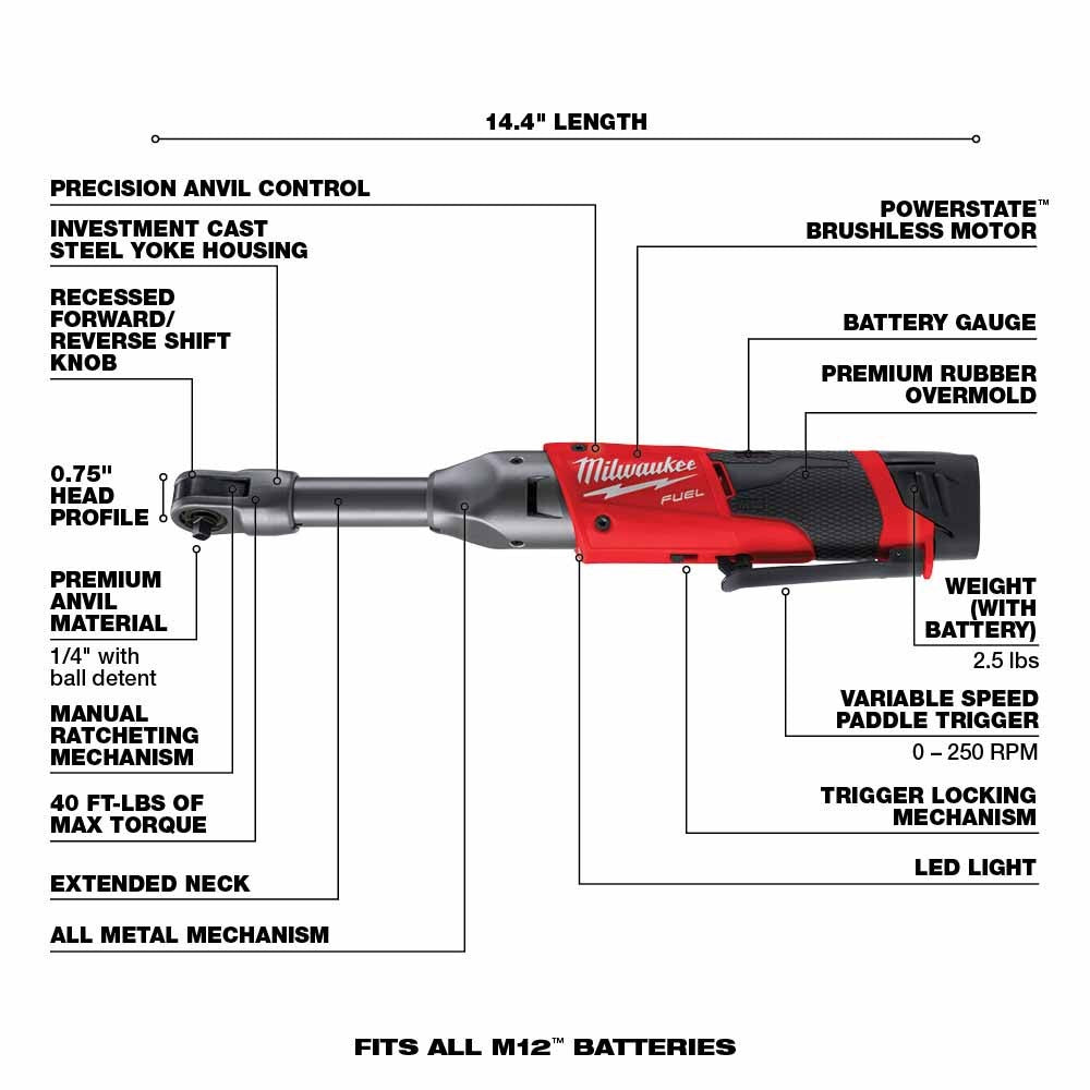 Milwaukee 2559-21 M12 FUEL 1/4 Extended Reach Ratchet 1 Battery Kit