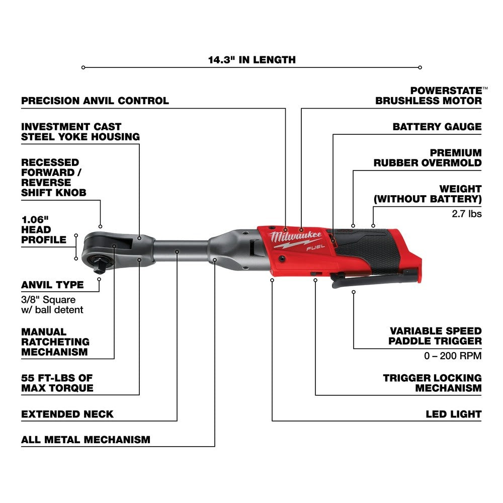 Milwaukee 2560-20 M12 FUEL 3/8 Extended Reach Ratchet, Bare Tool