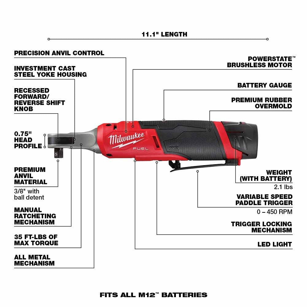 Milwaukee 2567-22 M12 FUEL™ 3/8 High Speed Ratchet Kit