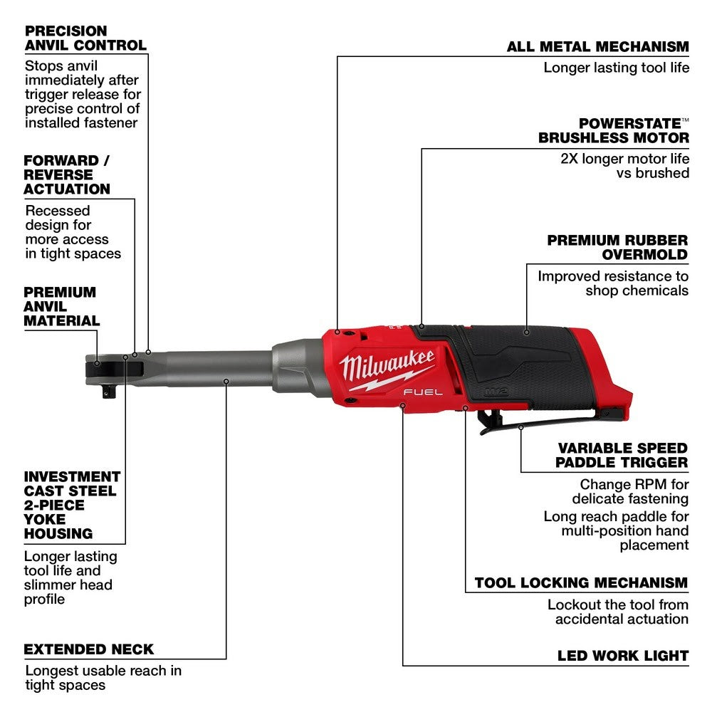 Milwaukee 2568-20 M12 FUEL 1/4 Extended Reach High Speed Ratchet, Bare