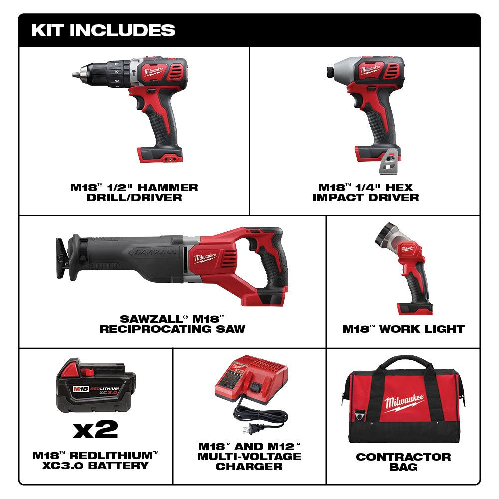Milwaukee 2696-24 M18 Cordless Combo Compact Hammer Drill/Sawzall/1/4 Hex Impact Driver/Work Light/Charger/2 Battery