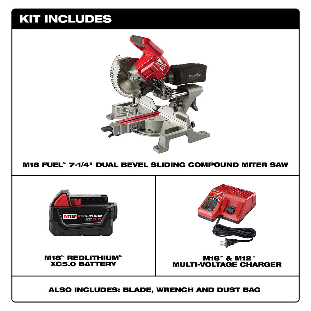 Milwaukee 2733-20 M18 FUEL 7-1/4 Dual Bevel Sliding Compound Miter Saw Bare Tool