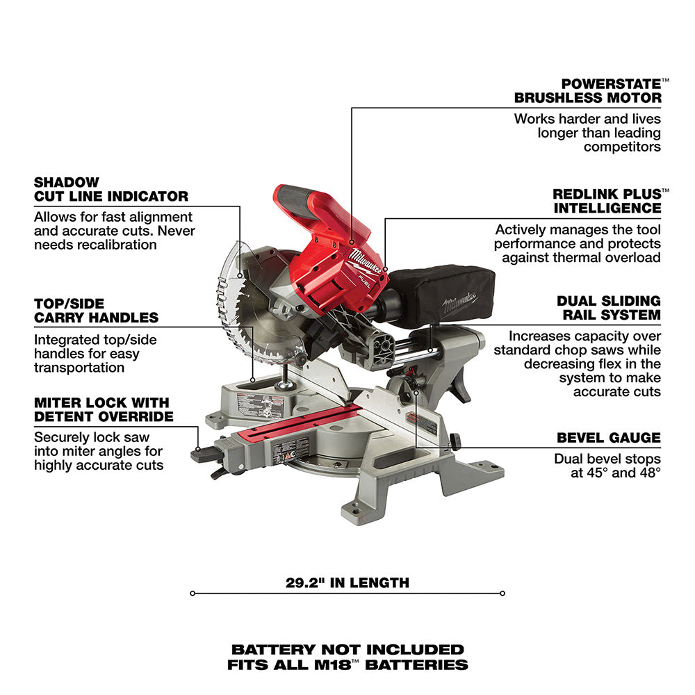 Milwaukee 2733-20 M18 FUEL 7-1/4 Dual Bevel Sliding Compound Miter Saw Bare Tool