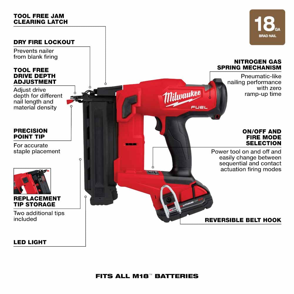 Milwaukee 2746-21CT M18 Fuel 18 Gauge Brad Nailer Kit