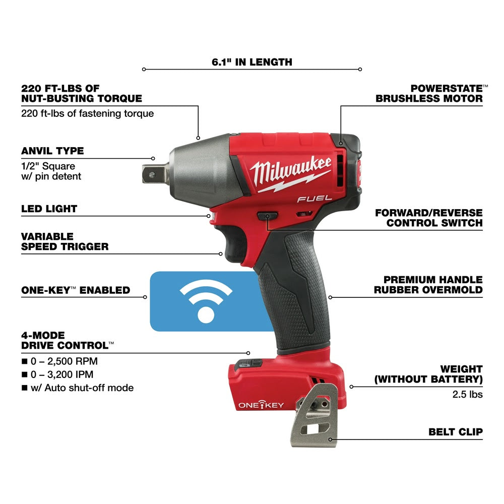 Milwaukee 2759-20 M18 FUEL 1/2 Compact Impact Wrench with Pin Detent with ONE-KEY (Bare Tool)