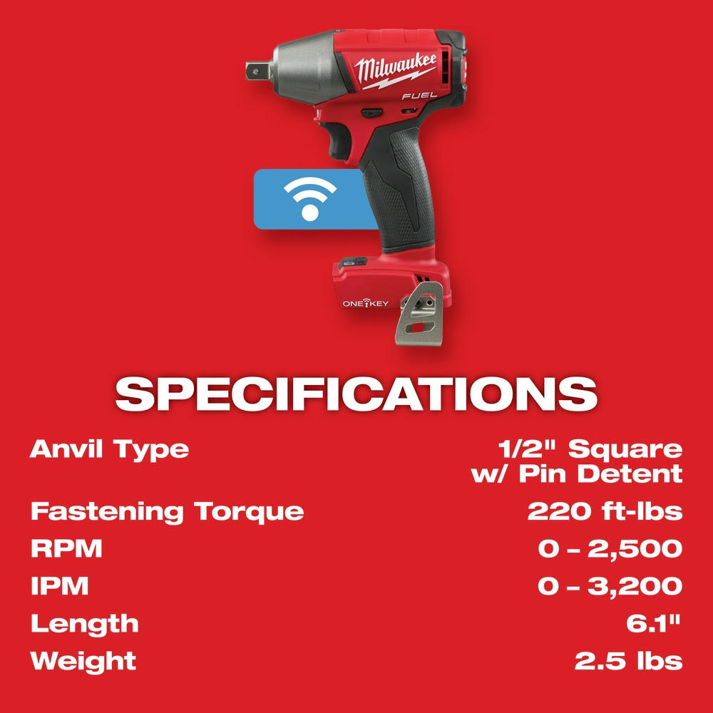Milwaukee 2759-20 M18 FUEL 1/2 Compact Impact Wrench with Pin Detent with ONE-KEY (Bare Tool)