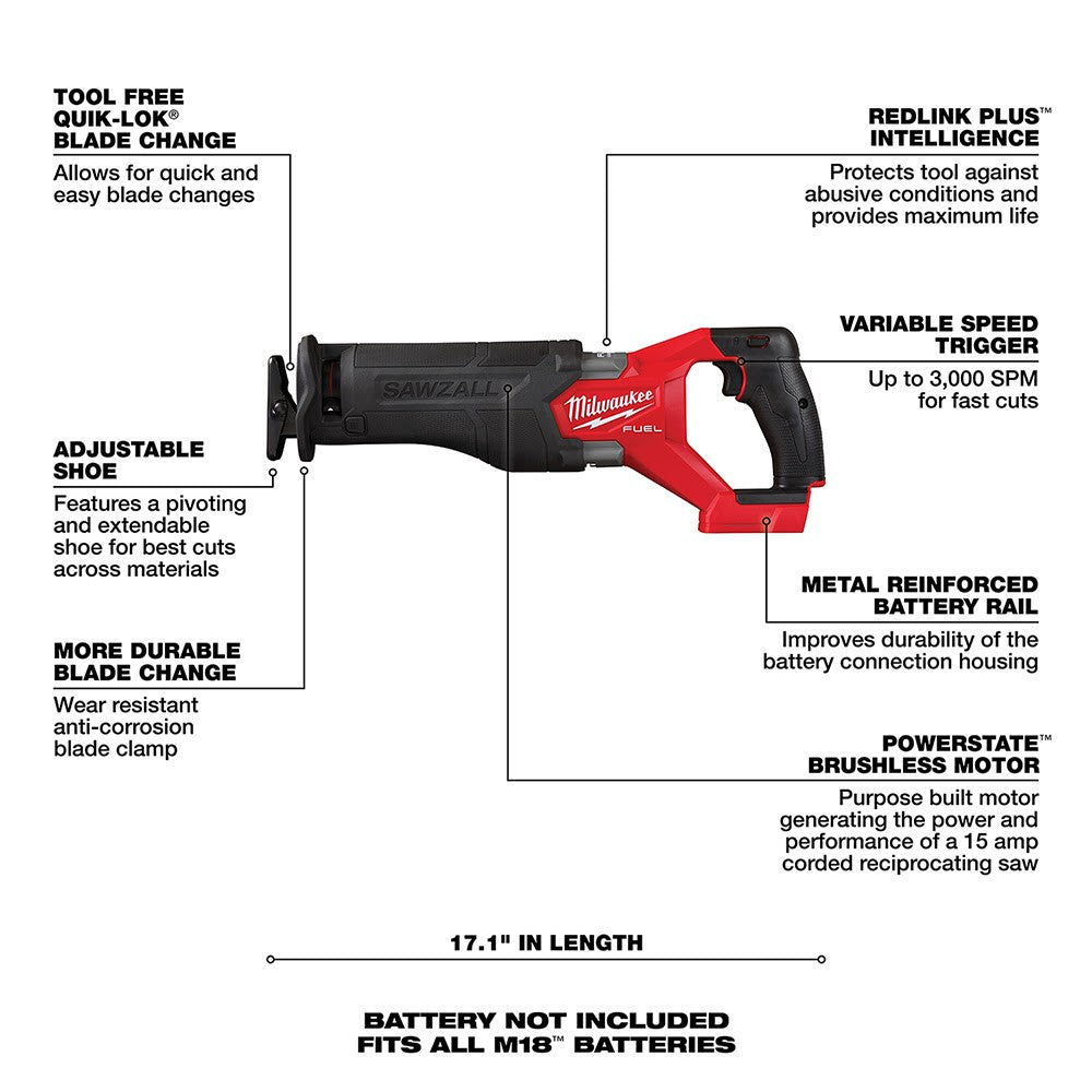 Milwaukee 2821-20 M18 FUEL™ SAWZALL® Recip Saw, Bare Tool
