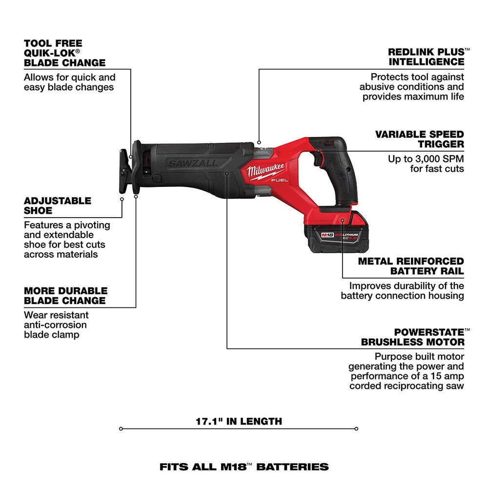 Milwaukee 2821-21 M18 FUEL™ SAWZALL® Recip Saw-1 Battery XC5.0 Kit