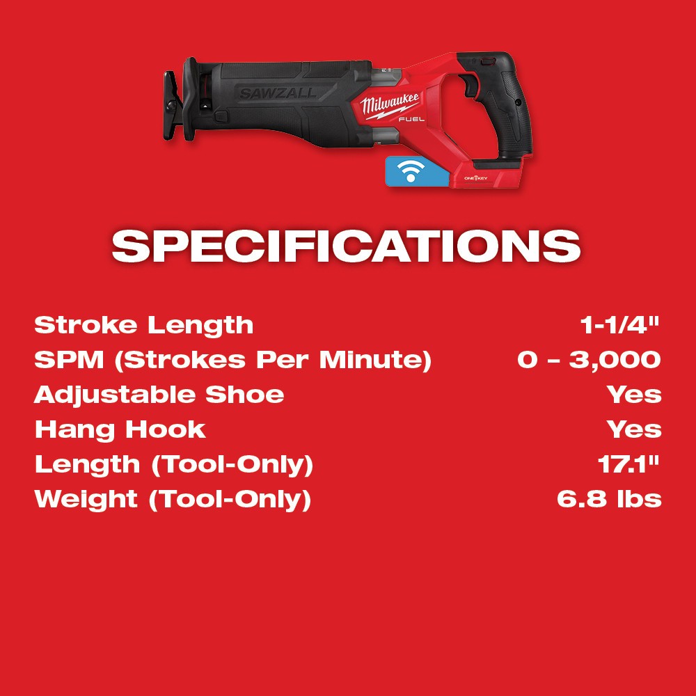 Milwaukee 2822-20 M18 FUEL™ SAWZALL® Recip Saw w/ One-Key™, Bare Tool