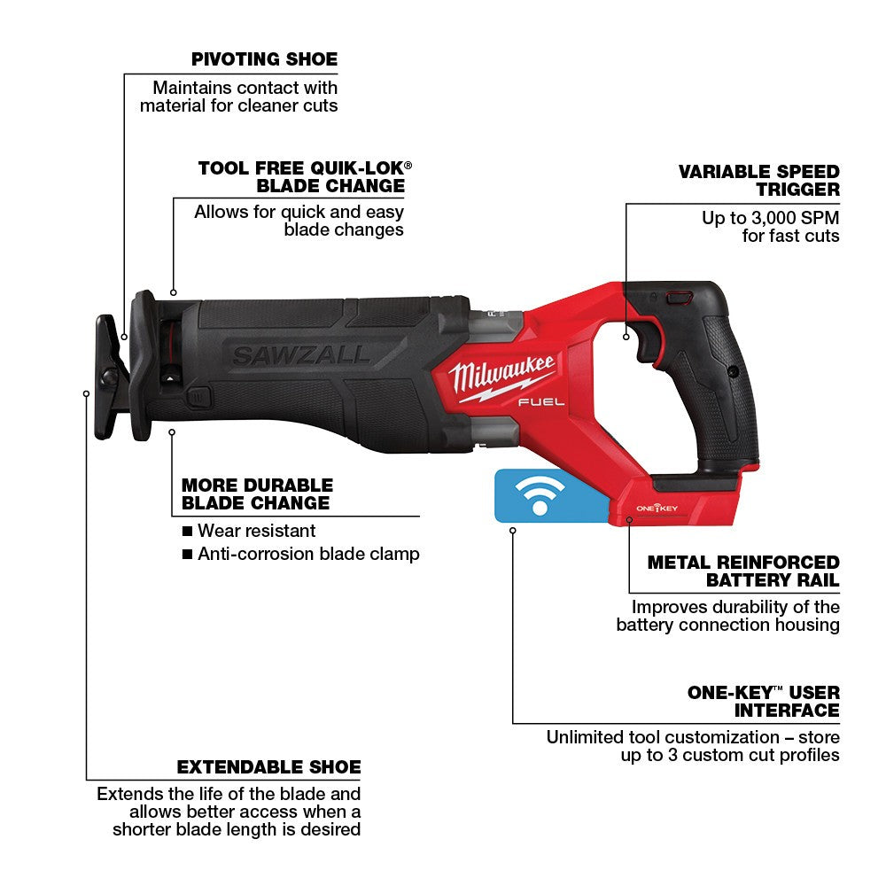 Milwaukee 2822-20 M18 FUEL™ SAWZALL® Recip Saw w/ One-Key™, Bare Tool