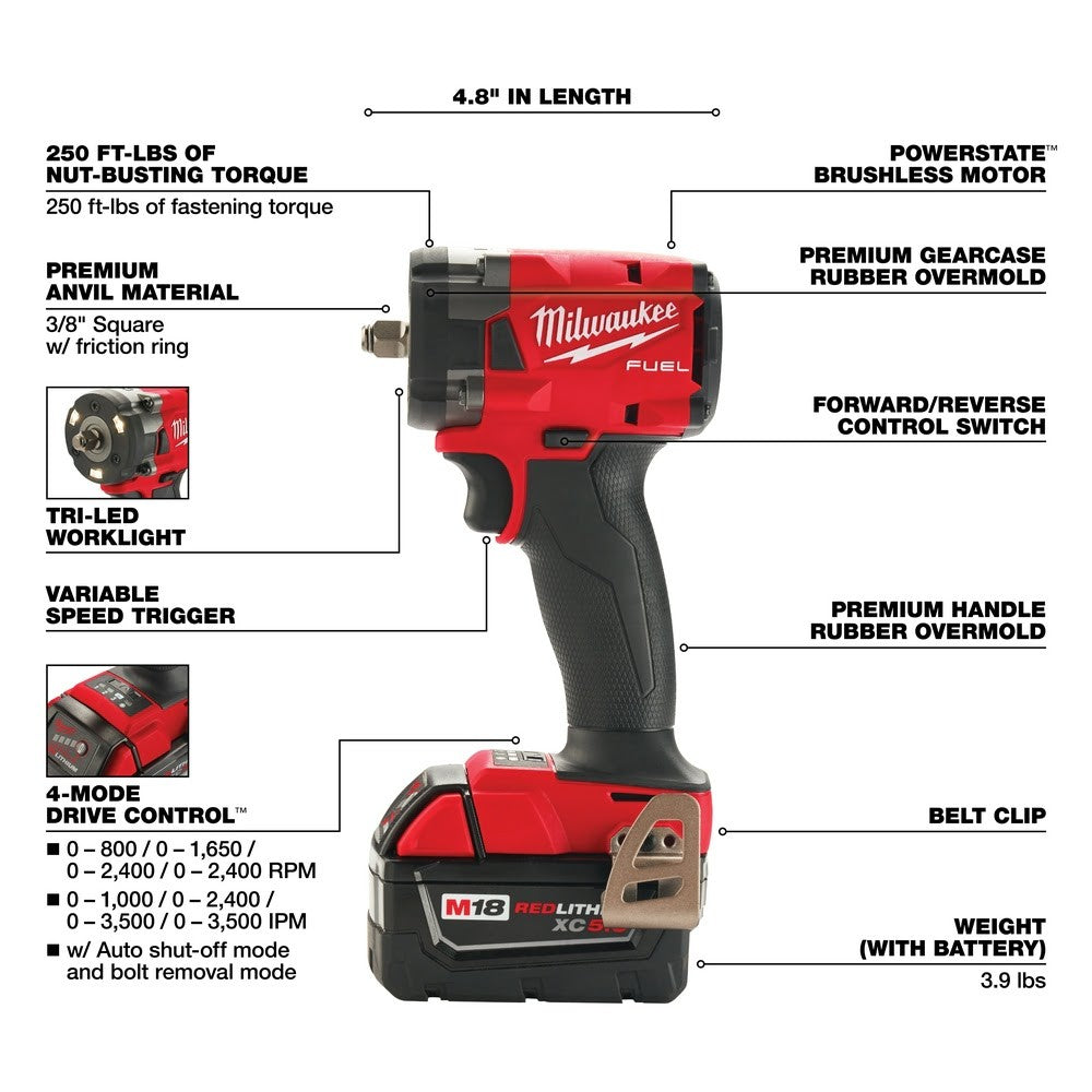 Milwaukee 2854-20 M18 FUEL™ 3/8 Compact Impact Wrench w/ Friction Ring, Bare Tool
