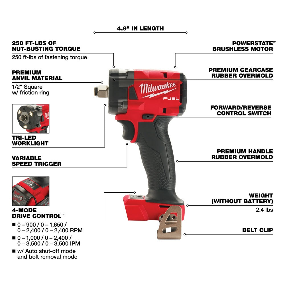 Milwaukee 2855-20 M18 FUEL™ 1/2 Compact Impact Wrench w/ Friction Ring Bare Tool
