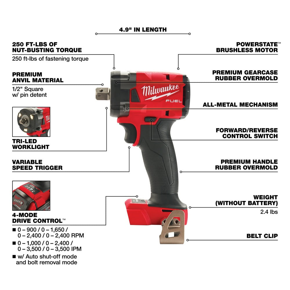 Milwaukee 2855P-20 M18 FUEL™ 1/2 Compact Impact Wrench w/ Pin Detent Bare Tool
