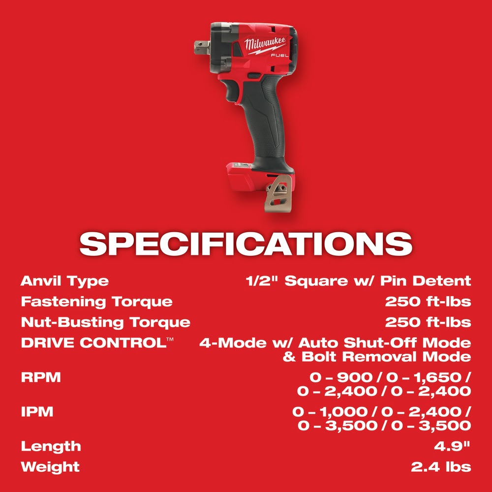 Milwaukee 2855P-20 M18 FUEL™ 1/2 Compact Impact Wrench w/ Pin Detent Bare Tool