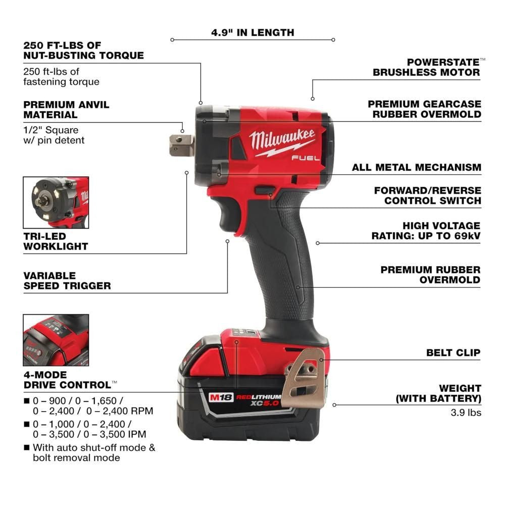 Milwaukee 2855P-22R M18 FUEL 1/2 Compact Impact Wrench w/ Pin Detent Kit