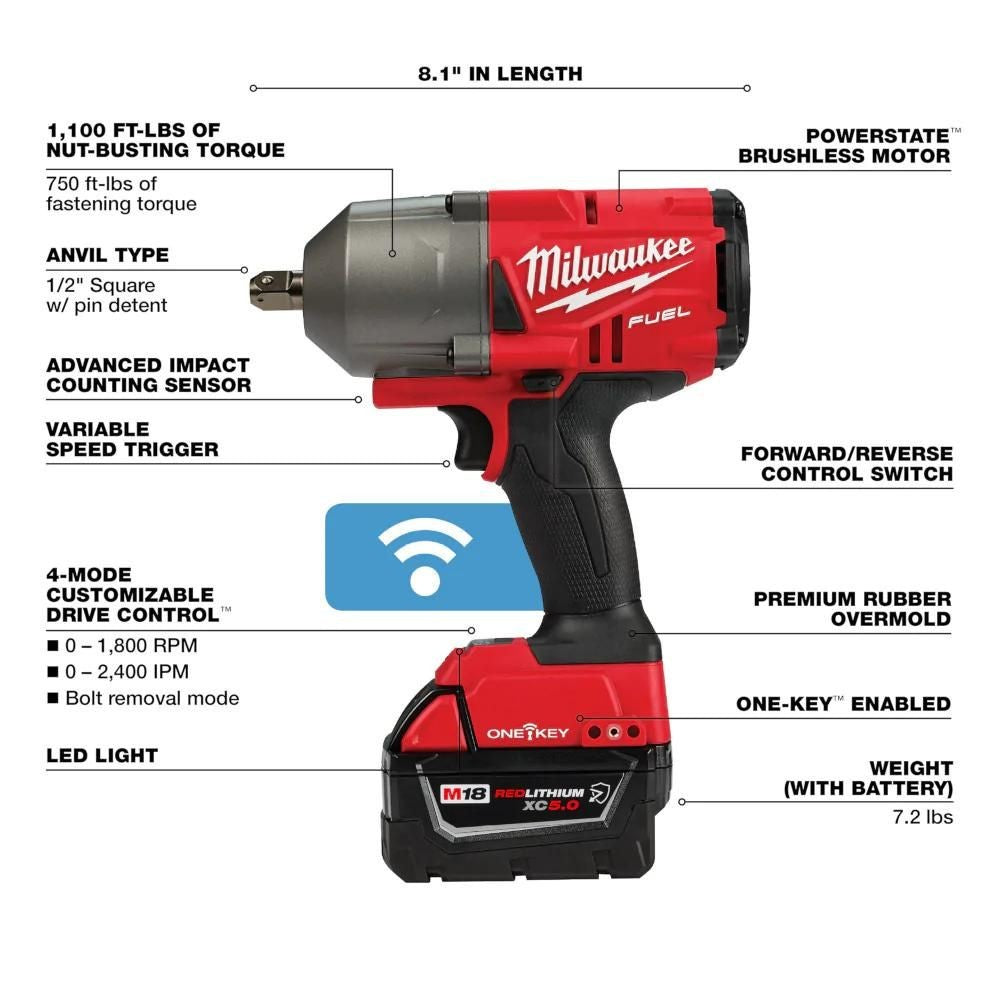 Milwaukee 2862-22R M18 FUEL w/ ONE-KEY High Torque Impact Wrench 1/2 Pin Detent Kit