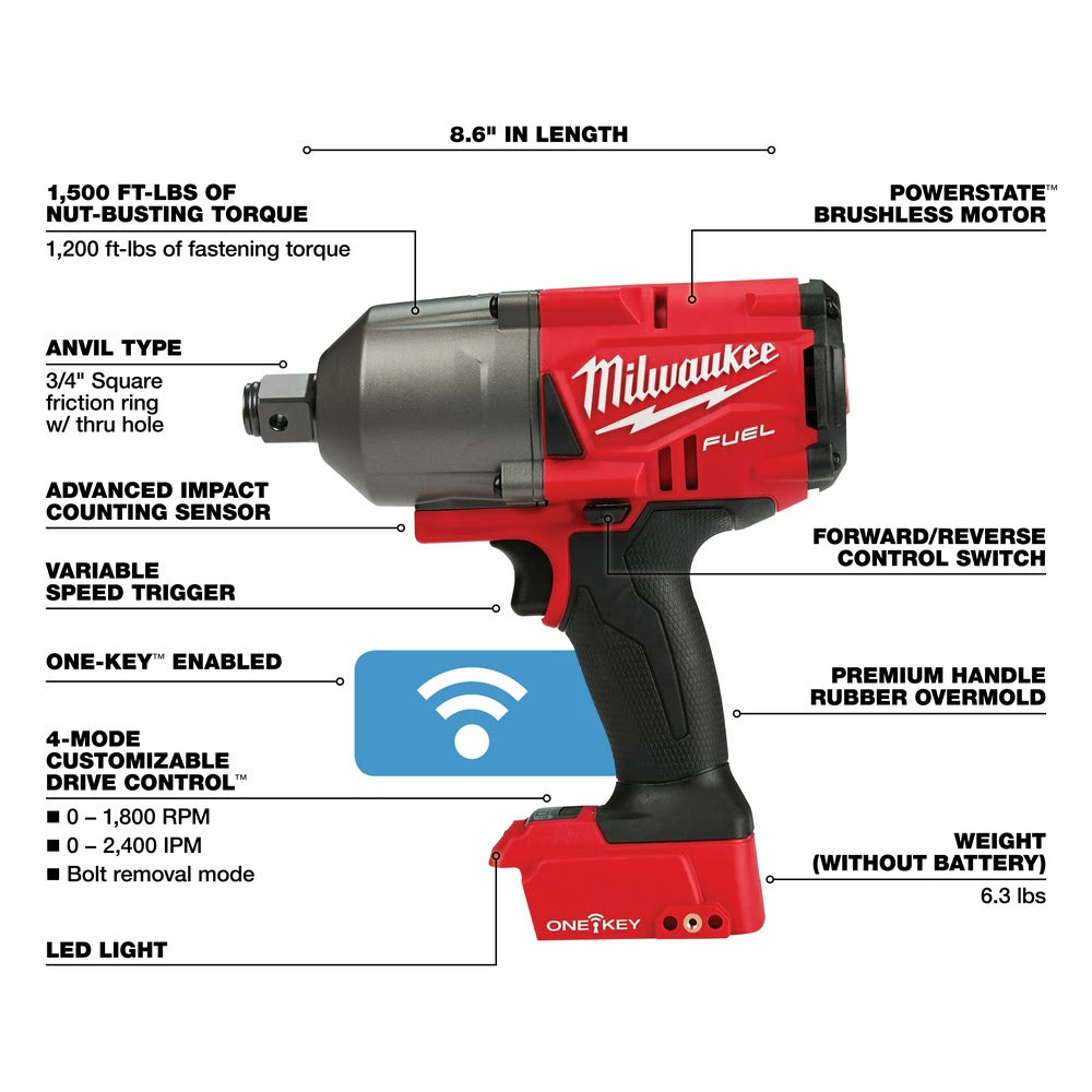 Milwaukee 2864-20 M18 FUEL ONE-KEY High Torque Impact Wrench 3/4 Friction Ring Bare