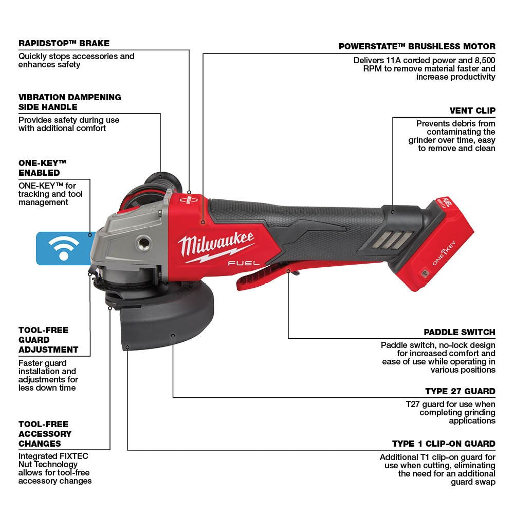 Milwaukee 2882-20 M18 FUEL™ 4-1/2/5 Braking Grinder w/ ONE-KEY™ Paddle Switch, No-Lock, Bare Tool