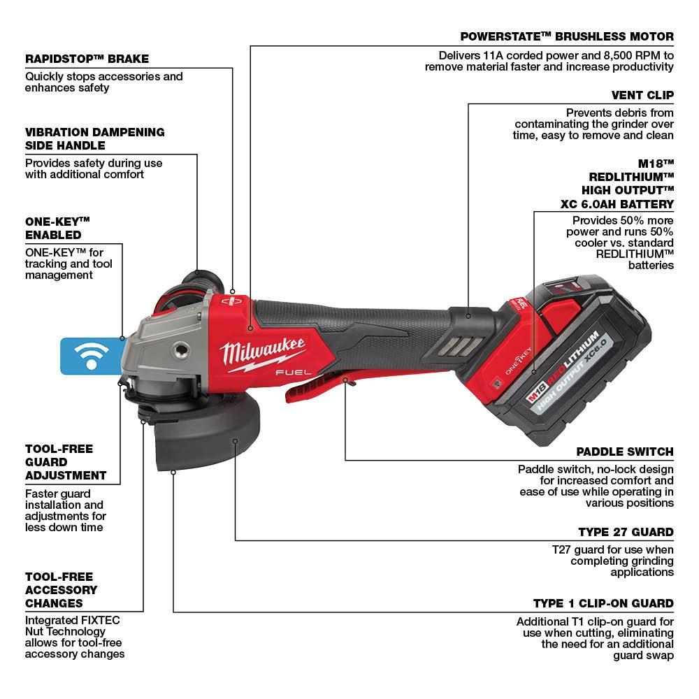Milwaukee 2882-22 M18 FUEL™ 4-1/2/5 Braking Grinder w/ ONE-KEY™ Paddle Switch, No-Lock Kit