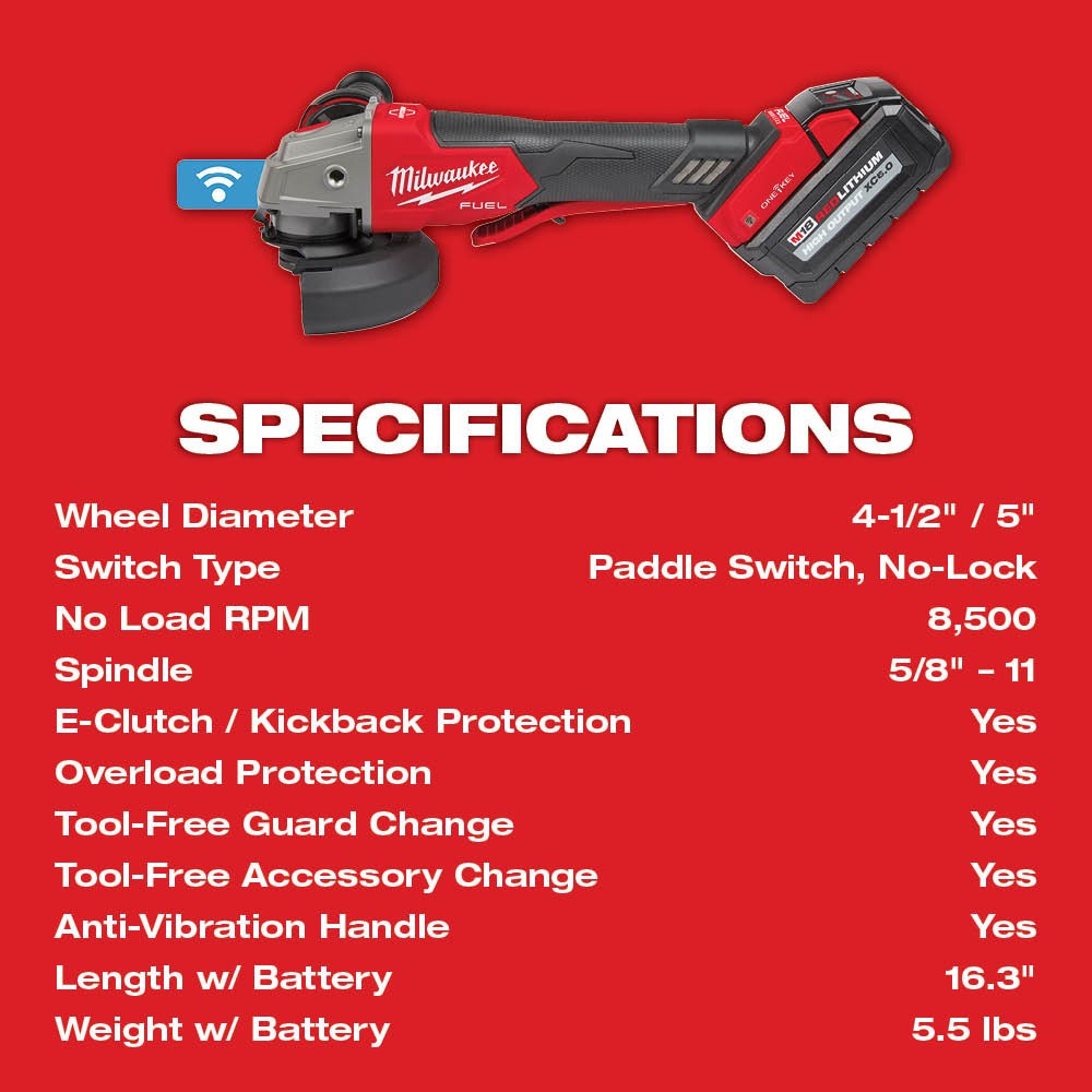Milwaukee 2882-22 M18 FUEL™ 4-1/2/5 Braking Grinder w/ ONE-KEY™ Paddle Switch, No-Lock Kit