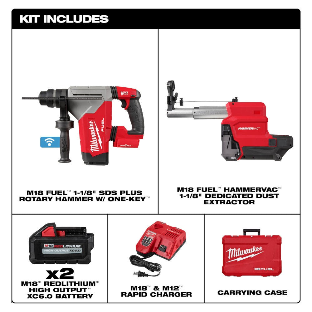 Milwaukee 2915-22DE M18 FUEL 1-1/8” SDS Plus Rotary Hammer Kit with Dedicated Dust Extractor - (2) XC6.0 Battery Pack