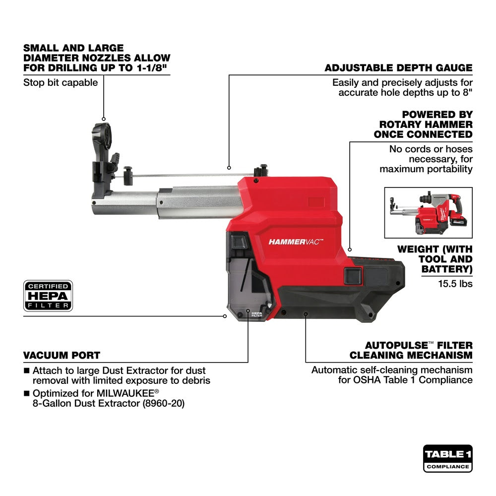 Milwaukee 2915-DE M18 FUEL HAMMERVAC 1-1/8 Dedicated Dust Extractor