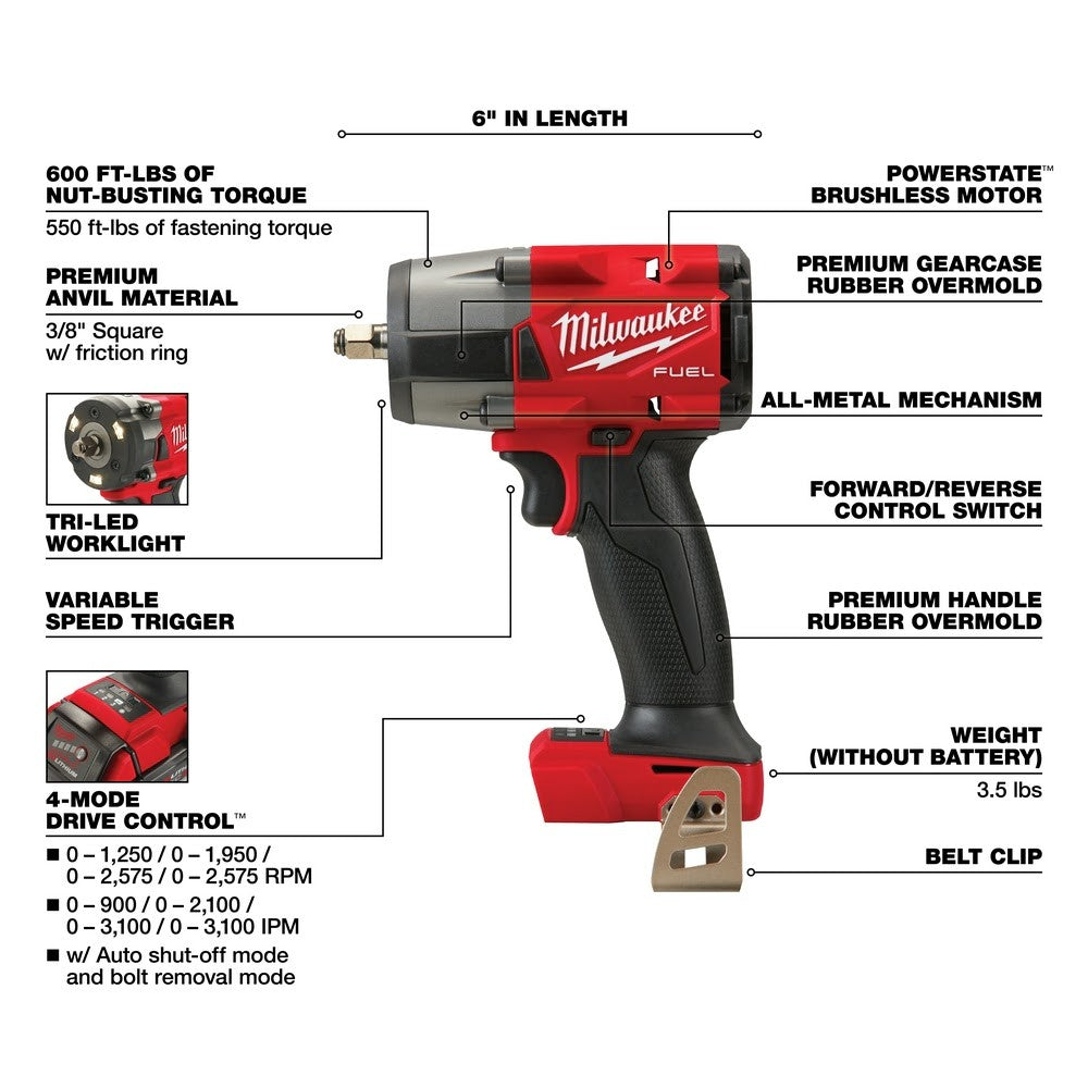 Milwaukee 2960-20 M18 FUEL™ 3/8 Mid-Torque Impact Wrench w/ Friction Ring, Bare Tool