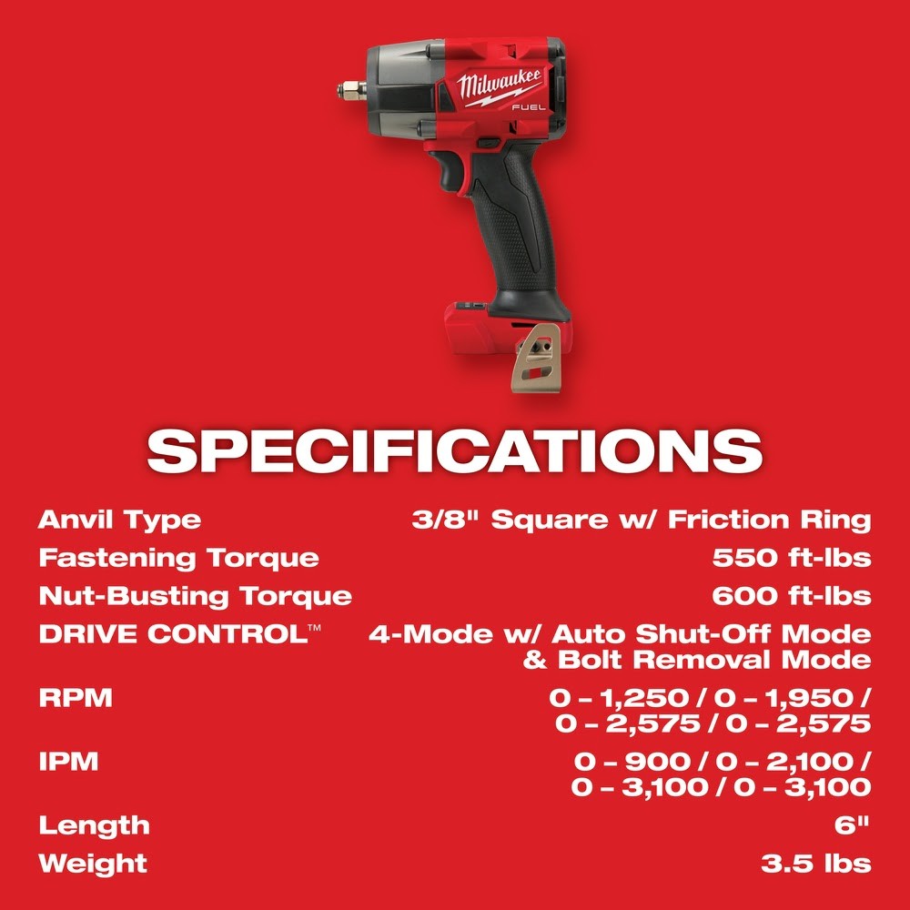 Milwaukee 2960-20 M18 FUEL™ 3/8 Mid-Torque Impact Wrench w/ Friction Ring, Bare Tool