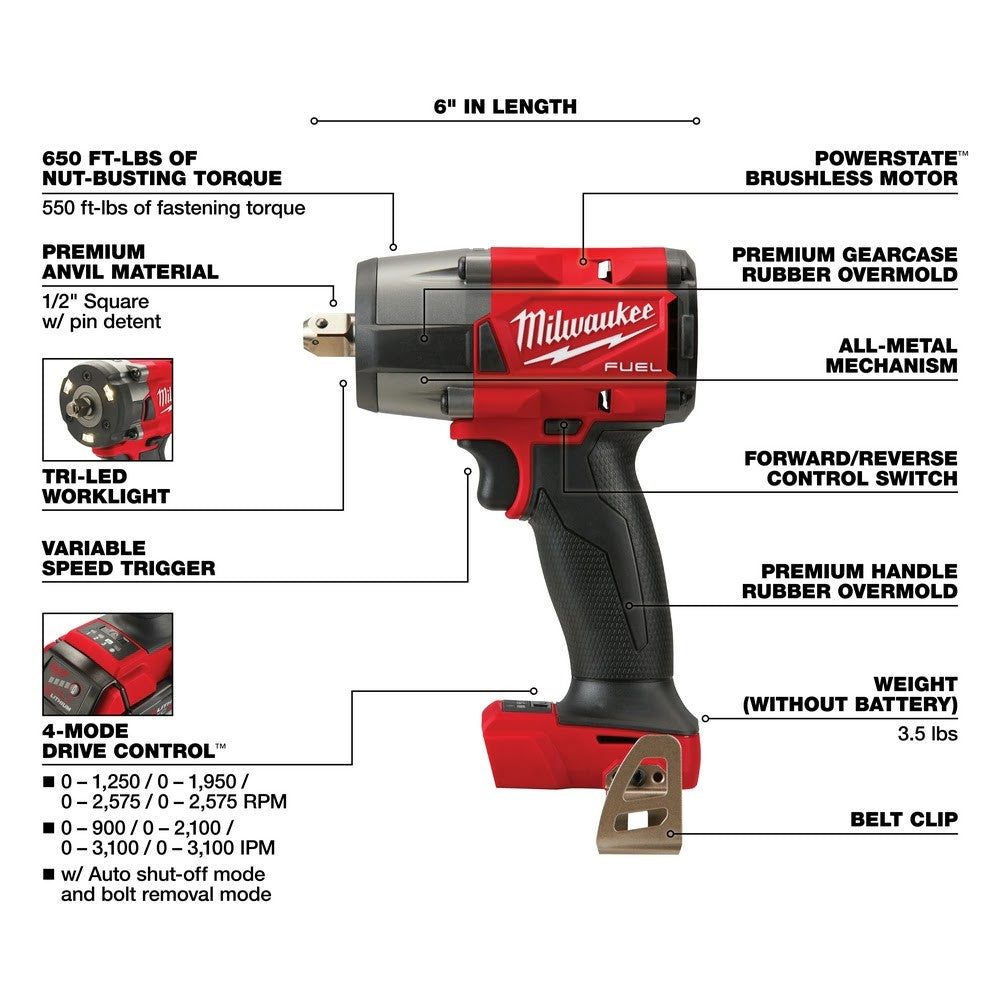 Milwaukee 2962P-20 M18 FUEL™ 1/2 Mid-Torque Impact Wrench w/ Pin Detent, Bare Tool