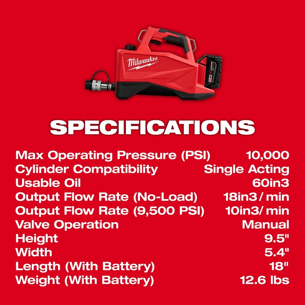 Milwaukee 3120-21 M18 Brushless Single Acting 60 in 3 10,000psi Hydraulic Pump