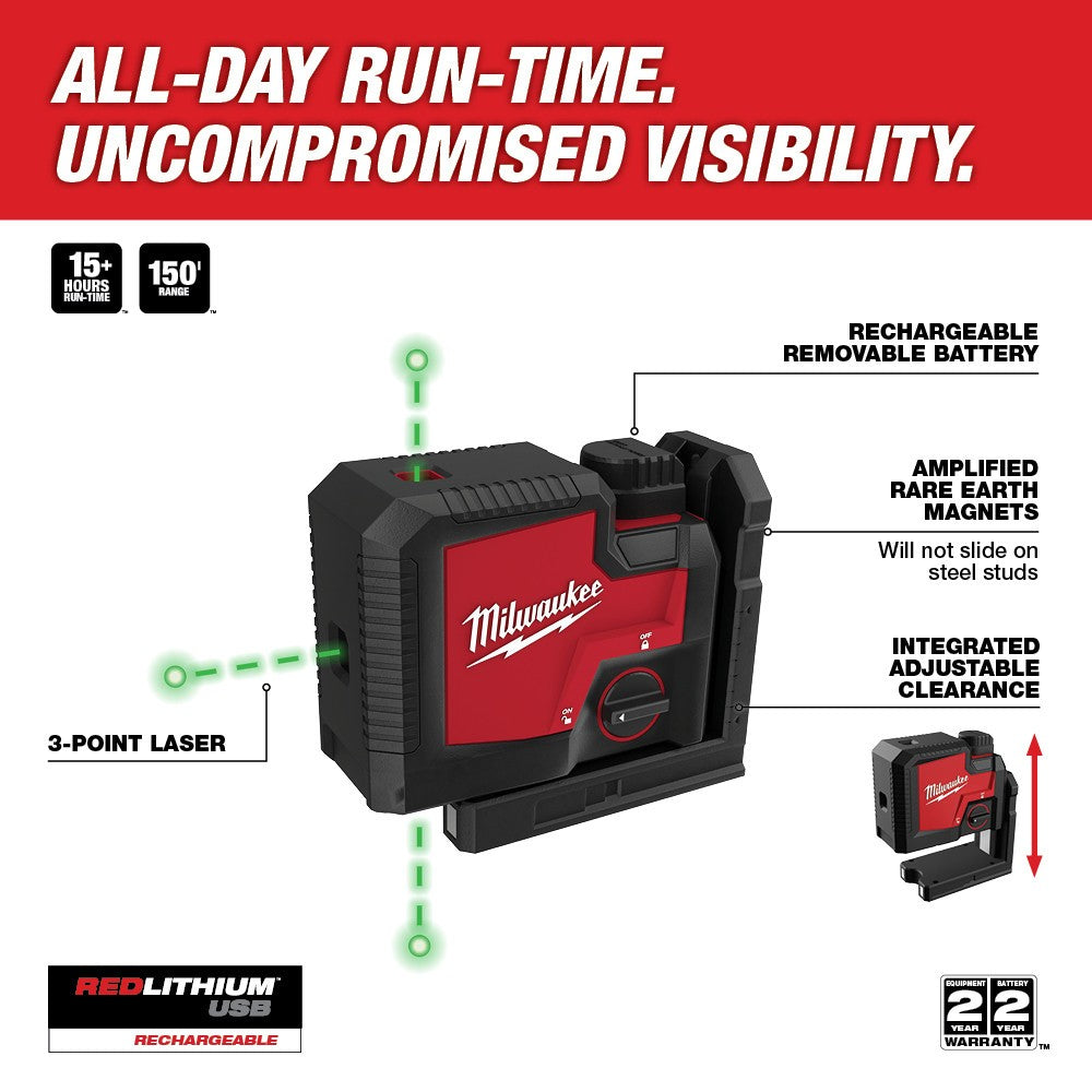 Milwaukee 3510-21 USB Rechargeable Green 3-Point Laser