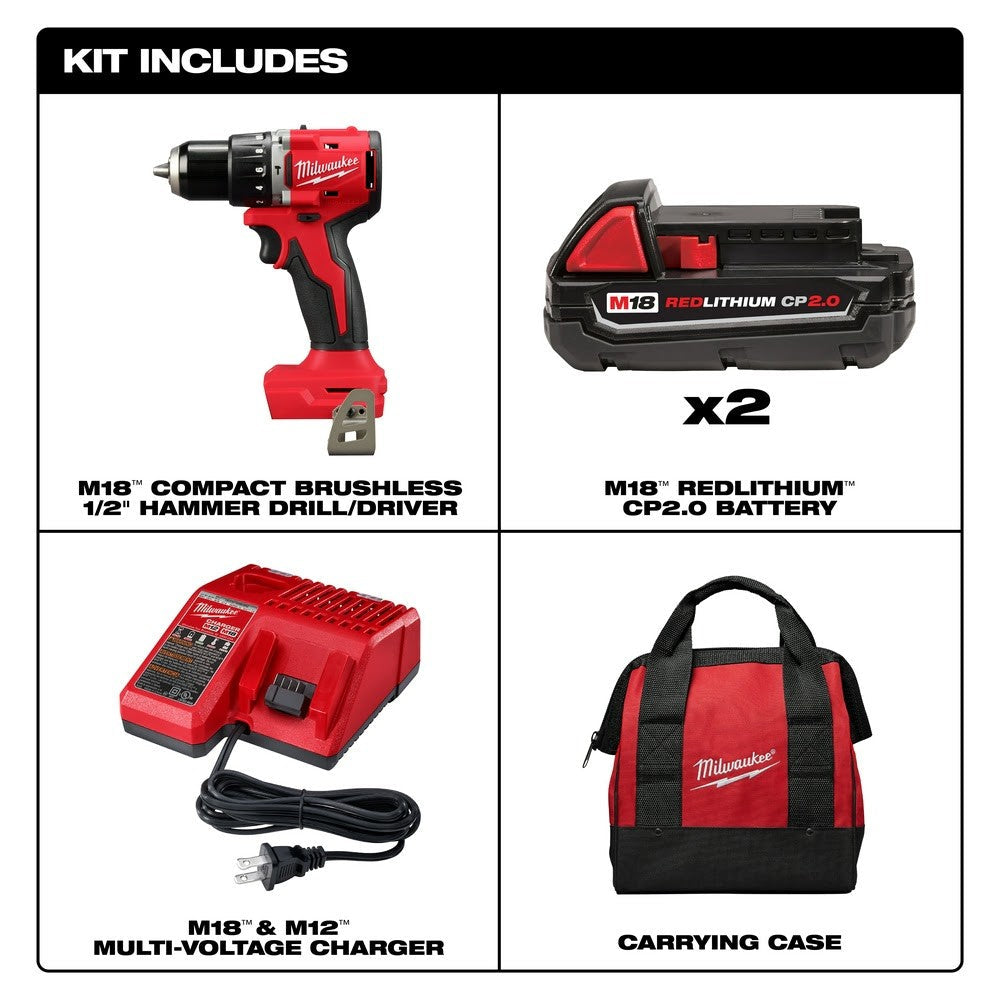 Milwaukee 3602-22CT M18 Compact Brushless 1/2 Hammer Drill/Driver Kit