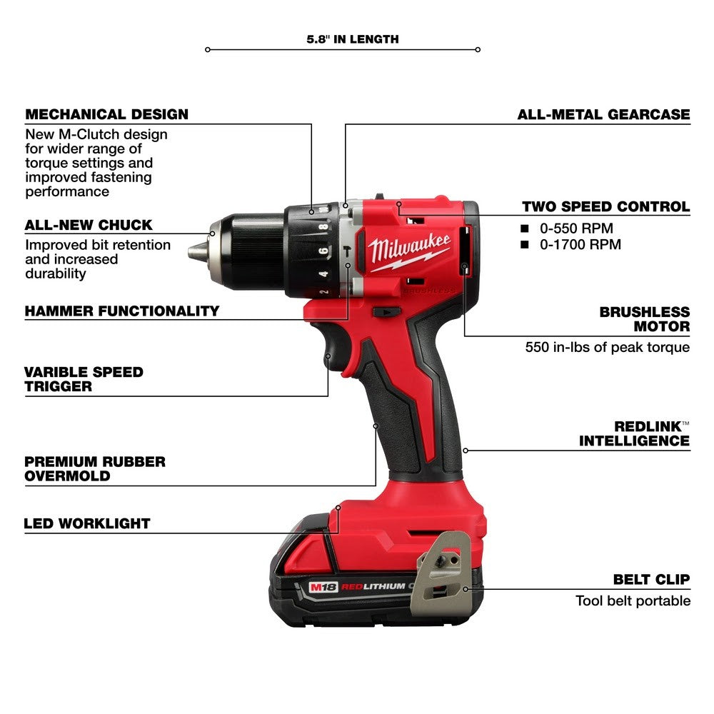 Milwaukee 3602-22CT M18 Compact Brushless 1/2 Hammer Drill/Driver Kit