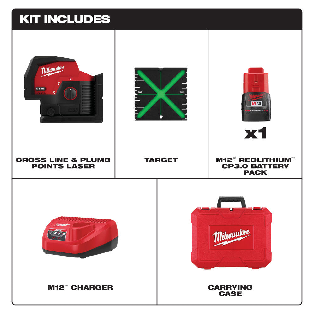 Milwaukee 3622-21 M12™ Green Cross Line & Plumb Points Laser Kit