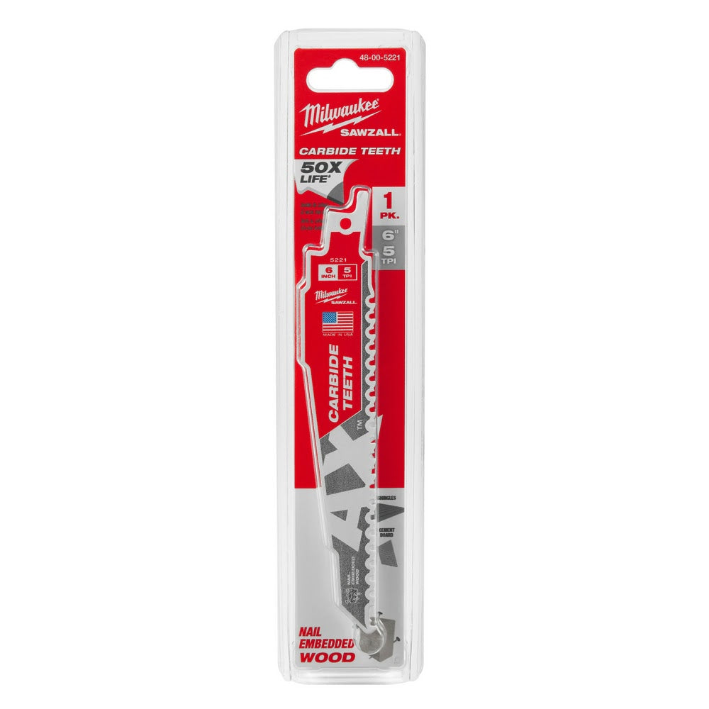 Milwaukee 48-00-5221 AX Sawzall Blade with Carbide Teeth, 6 5TPI