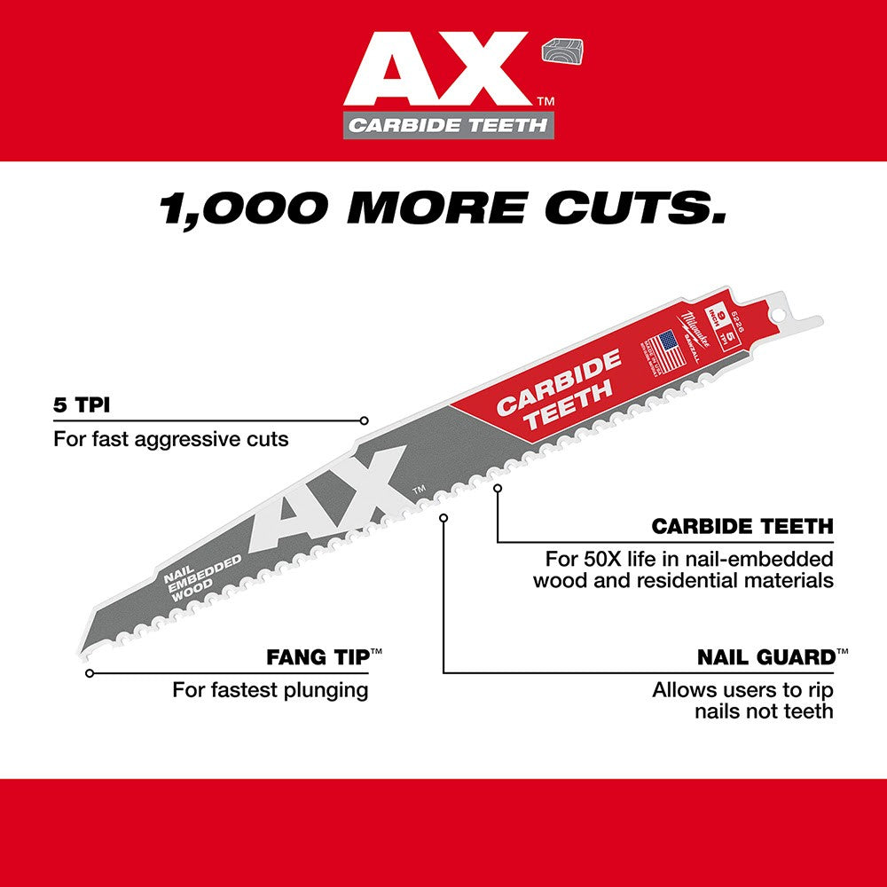 Milwaukee 48-00-5226 AX Sawzall Blade with Carbide Teeth, 9 5TPI