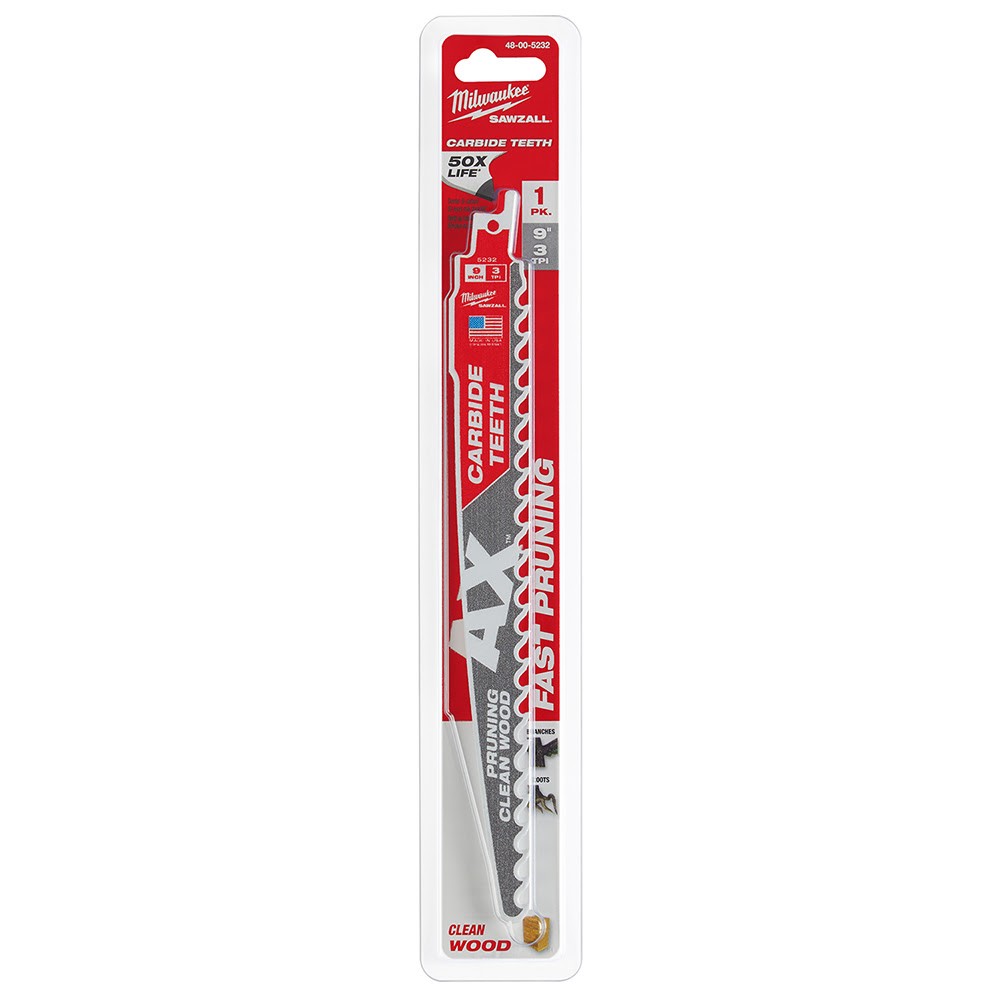 Milwaukee 48-00-5232 9 3 TPI The AX™ with Carbide Teeth for Pruning & Clean Wood SAWZALL® Blade 1PK