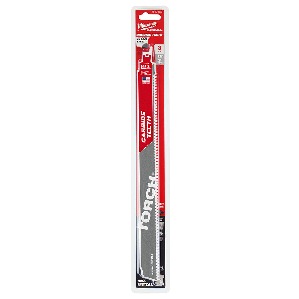 Milwaukee 48-00-5303 12” 7TPI The TORCH™ with Carbide Teeth SAWZALL® Blade 3Pk