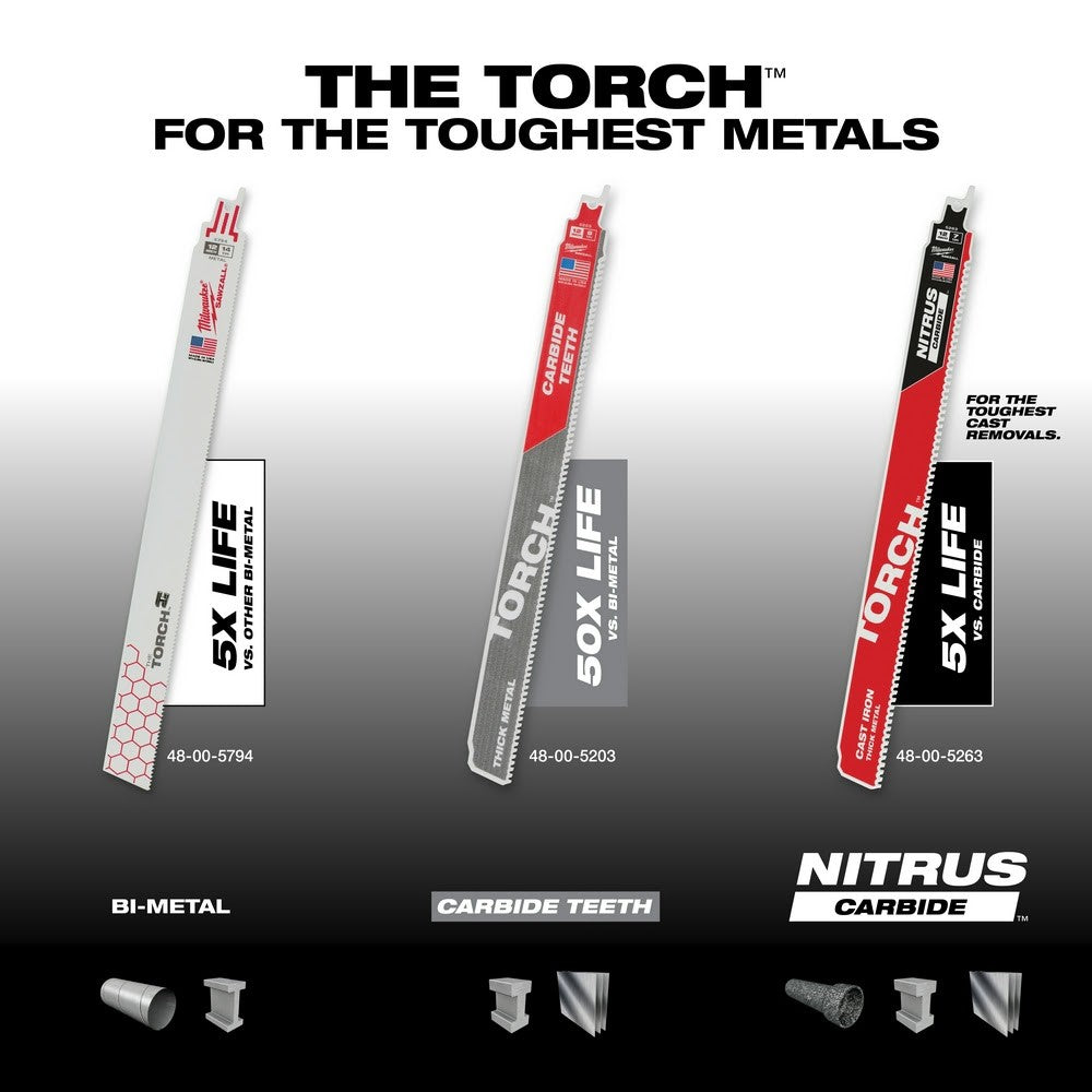 Milwaukee 48-00-5563 12” 7TPI The TORCH™ with NITRUS Carbide™ for Cast Iron SAWZALL® Blade 5Pk